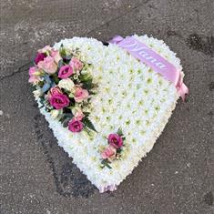 Grand floral pink and white heart with personalised ribbon 
